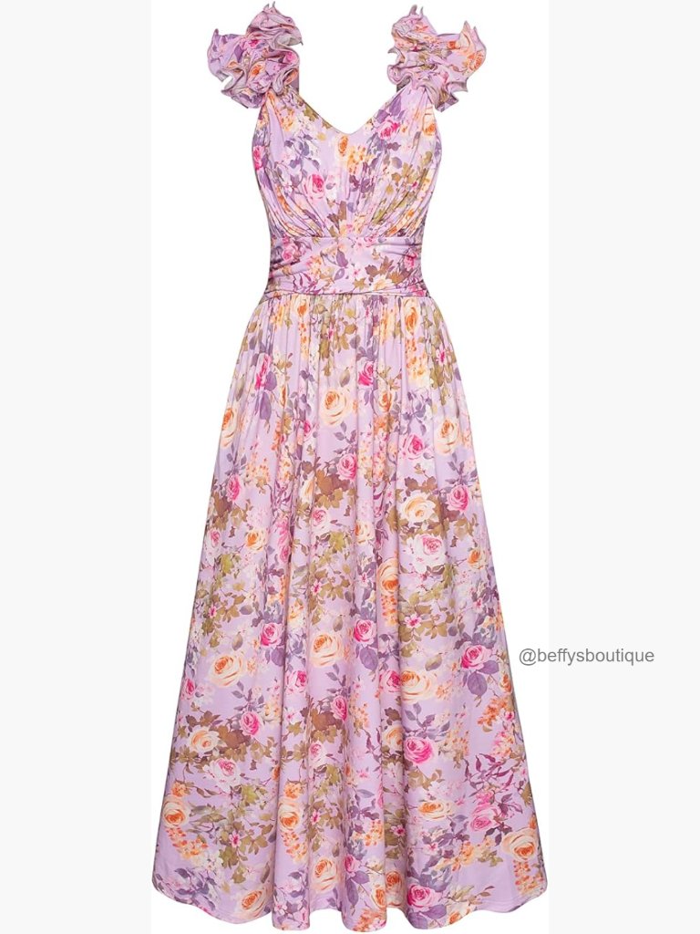 Summer Floral Print Sleeveless A-Line Sundress With Ruffles And Pockets